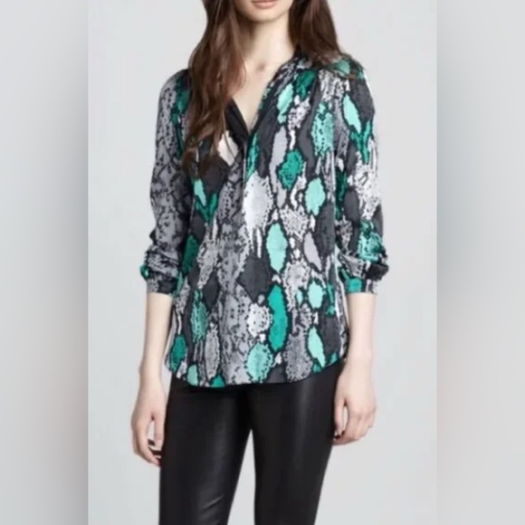 MILLY | Katalina Silk Snake Print Blouse Teal Gray Black Top Women’s Size 6 - Picture 1 of 9